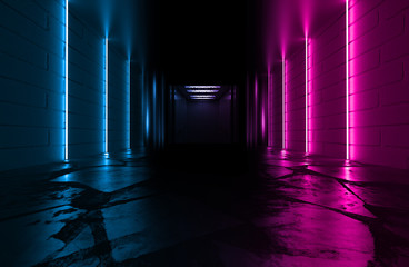 Background of empty space. Open elevator doors. Neon light smoke.