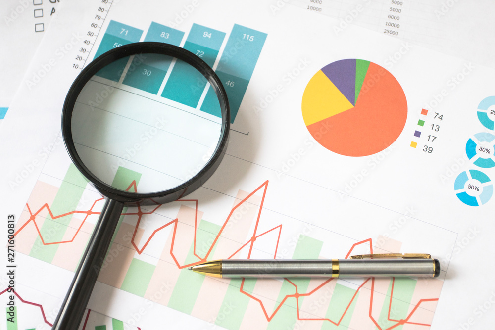 Poster analyzing and gathering statistical data. growth charts. business reports and magnifying glass.