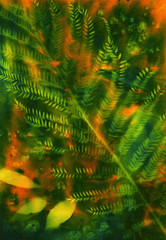 Abstract hand painted orange green fabric background with leaves