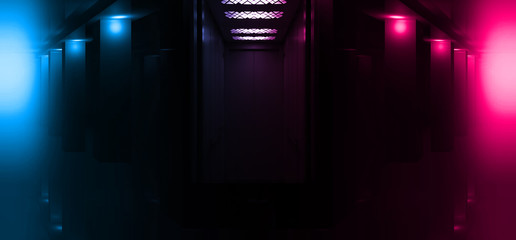 Background of empty space. Open elevator doors. Neon light smoke.