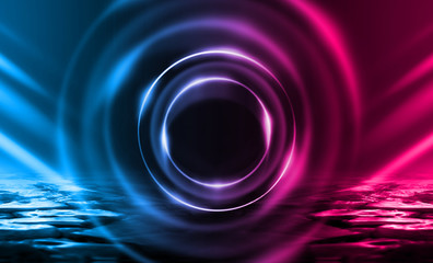 Background of an empty disco scene. Neon figure of a fractal circle in the center of the scene. Neon light smoke. Dark abstract futuristic background