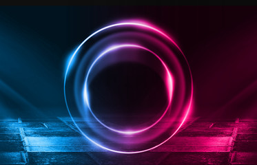 Background of an empty disco scene. Neon figure of a fractal circle in the center of the scene. Neon light smoke. Dark abstract futuristic background