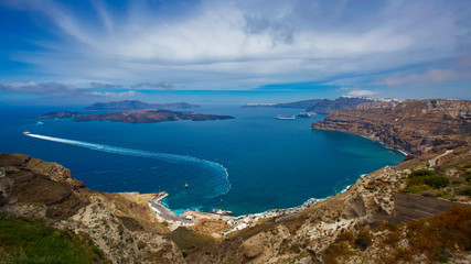 Greece Santorini island in Cyclades, Panoramic top view of road in mountain