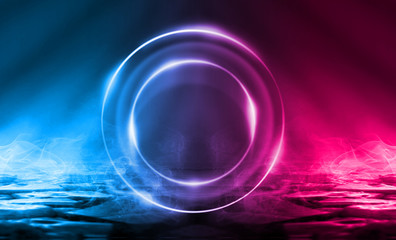 Background of an empty disco scene. Neon figure of a fractal circle in the center of the scene. Neon light smoke. Dark abstract futuristic background