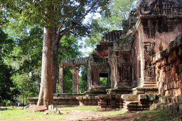 Naklejka premium The ruins of the temple complex of Ta Prohm in Siem Reap, Cambodia. Architectural heritage of the Khmer Empire. A masterpiece of world architecture