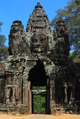 Ancient stone faces  of gates on Bayon temple, Angkor Wat, Siam Reap, Cambodia