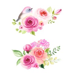 Set decors with roses and lovely small bird, vector illustration in vintage watercolor style.