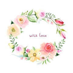 Wreath with colorful roses and green leaves, vector frame with love.