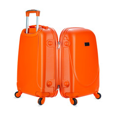Travel orange suitcase in open view, isolated on white background.