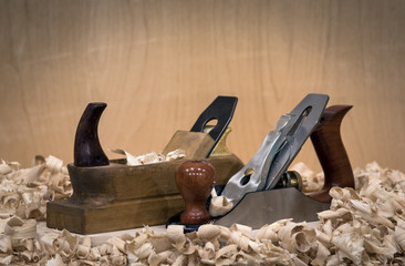Old and modern hand planes and lots of shavings, .traditional woodworking