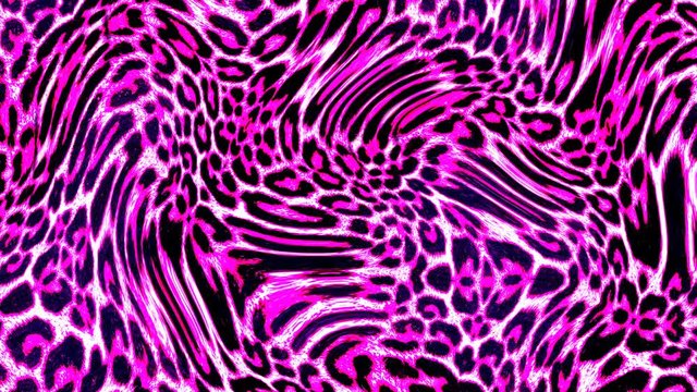 Seamless young animation of psychedelic animal print with duotono colors.Art collage pink leopard pattern turbulence background.