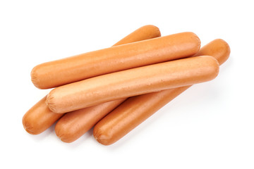 Chicken fresh boiled sausages, macro, isolated on white background