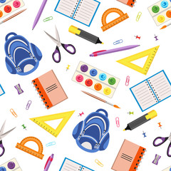 School supplies seamless pattern on white background. Vector illustrations of office stationery supplies kit. Accessories for studying, writing and painting.