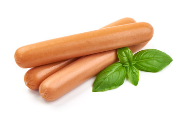 Frankfurter fresh sausages with basil, close-up, isolated on white background