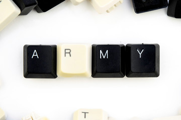 computers and computer technologies in industries and fields of human activity - concept. army The word is laid out on a white background from the scattered keys of a computer keyboard - Army
