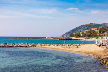 Fototapeta na wymiar Sanremo beach at Mediterranean sea shore