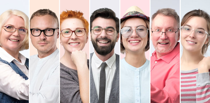 Collage of senior blonde woman, young manager, red haired mature female, hispanic guy with beard, young traveller, grandfather in red shirt and student wearing glasses smiling having positive emotion.