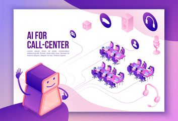 Artificial intelligence manages call center, isometric 3d vector illustration, customer service and mobile support landing page, operator with headphone, contact centre concept