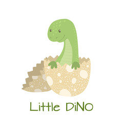 Cute cartoon baby dinosaur hatching from egg.