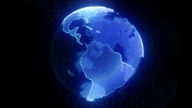 Futuristic planet Earth rotation animation, sci-fi glowing particles blue hologram concept, 3d animation for technology and business in 4k UHD resolution