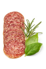 Sliced Dry sausage, salami with mold, close-up, isolated on white background