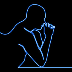 One line drawing men thinking neon concept
