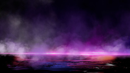 Empty street scene background with abstract spotlights light. Night view of street light reflected on water. Rays through the fog. Smoke, fog, wet asphalt with reflection of lights. Blue and pink neon