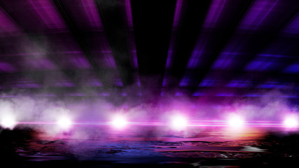 Empty street scene background with abstract spotlights light. Night view of street light reflected on water. Rays through the fog. Smoke, fog, wet asphalt with reflection of lights. Blue and pink neon