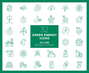 Set of Green Energy icons in line	