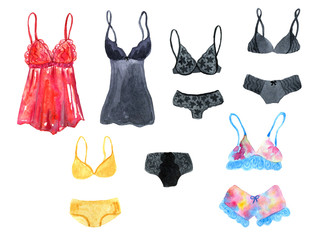 Set of underwear and lingerie for woman. Hand drawn watercolor illustration. Isolated on white background.