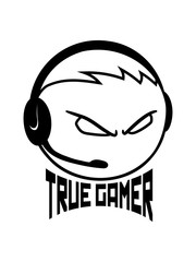 logo true gamer nerd headset geek zocken spielen computer kreis kopf gesicht freak computerspiele spaß hobby cool design kerl junge