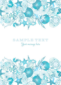 Elegant white and blue vector seahorse, starfish and seashell card or brochure template.