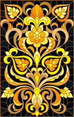 Illustration in stained glass style with floral ornament ,imitation gold on dark background with swirls and floral motifs