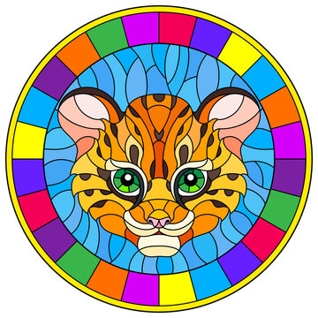 Illustration in stained glass style with baby leopard head on blue background , round picture in bright frame