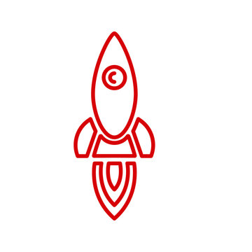 Rocket ship with fire flat line icon. Space travel. Project start up sign. Creative idea symbol