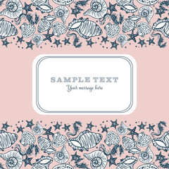 Retro pink, white and navy vector seahorse, starfish and seashell card or brochure template.