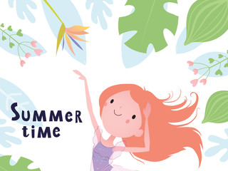 Summer flyer with a cute girl and floral elements.