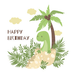 Cute cartoon baby dinosaur hatching from egg.
