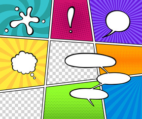 Colorful comic book background. Blank white speech bubbles of different shapes. Vector illustration