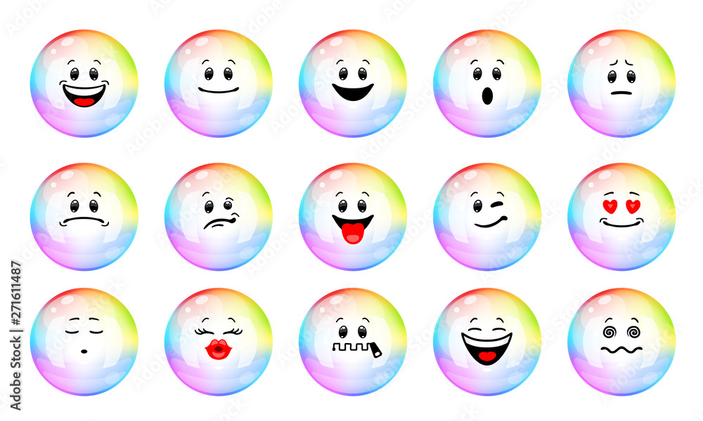 Wall mural vector set of soap bubble emoticons. collection of characters of colorful soap bubble with different