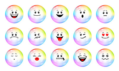 Vector set of soap bubble emoticons. Collection of characters of colorful soap bubble with different emotions in cartoon style on white background. Concept of idea, creativity, fun.
