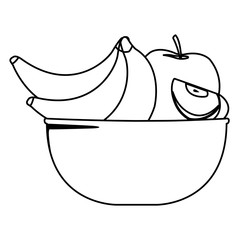 Fresh fruits in bowl cartoon in black and white