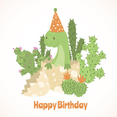 Cute cartoon happy birthday card with dinosaur.