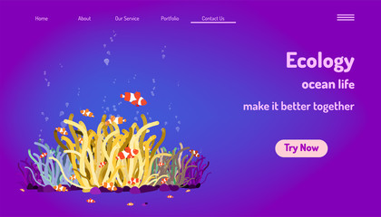 landing page website template. ecology ocean life. make it better together. nemo fish play funny with coral and bubble. purple tone background. vector illustration eps10