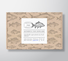 Fish Pattern Realistic Cardboard Box with Banner. Abstract Vector Packaging Design or Label. Modern Typography, Hand Drawn Carp Silhouette. Craft Paper Background Layout.