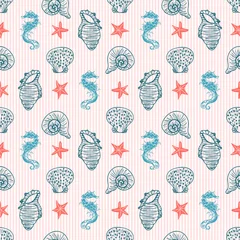Poster Striped elegant pink and blue vector seahorse, starfish and seashell seamless pattern background. © KaliaZen