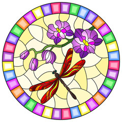 Illustration in stained glass style with a branch of purple Orchid and bright red dragonfly on a yellow background, round image in bright frame