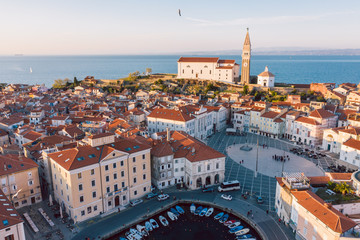 Fototapeta na wymiar Aerial panorama of beautiful Slovenian city of Piran
