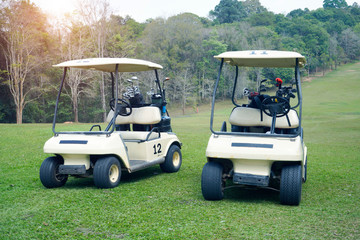 Golf cart on fairway in golf course.