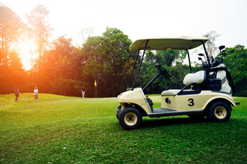 Golf cart on fairway in golf course.